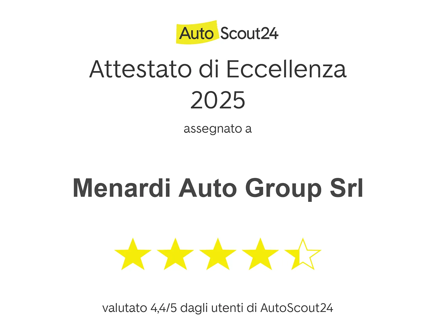 🏅 Menardi Auto Group conquista l’Attestato di Eccellenza AutoScout24 2025 1 Attestato di Eccellenza Autoscout 24 2025