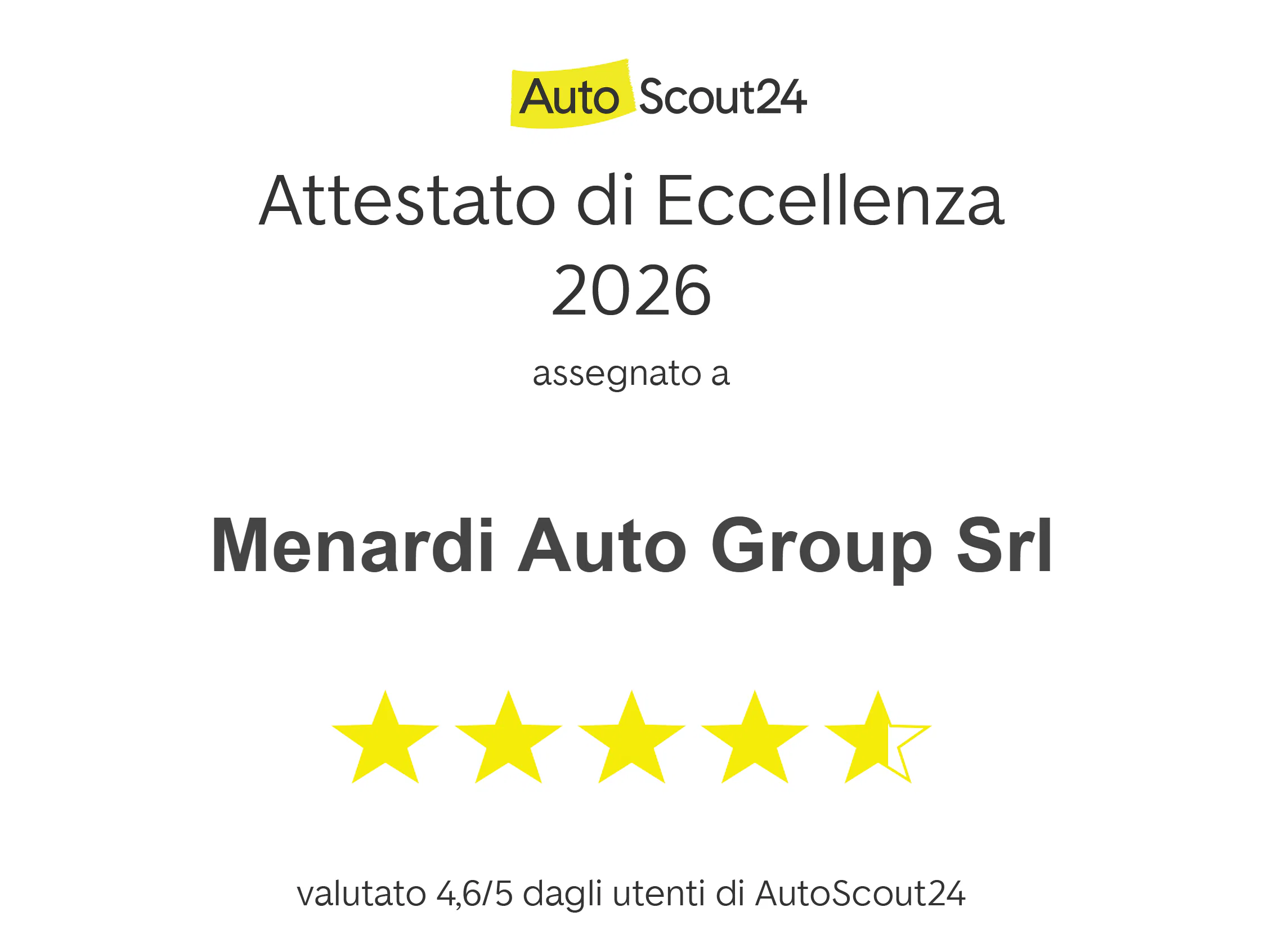 certificate concessionario Cuneo Menardi Auto Group si conferma Eccellenza AutoScout per l’anno 2026